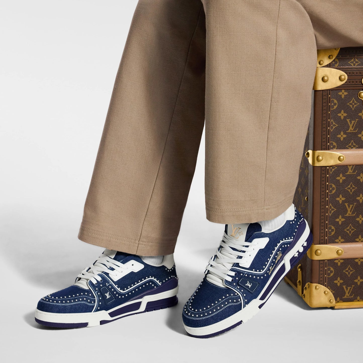 Louis Vuitton LV Trainer Indigo Blue Denim Sneakers with Swarovski Pearls