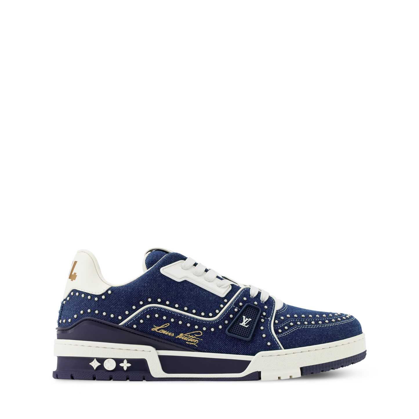 Louis Vuitton LV Trainer Indigo Blue Denim Sneakers with Swarovski Pearls