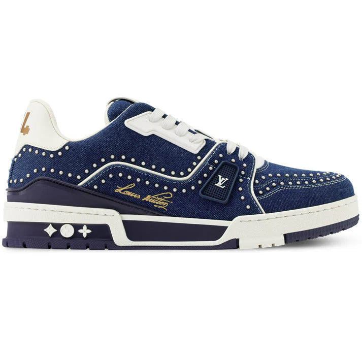 Louis Vuitton LV Trainer Indigo Blue Denim Sneakers with Swarovski Pearls