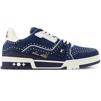 Louis Vuitton LV Trainer Indigo Blue Denim Sneakers with Swarovski Pearls