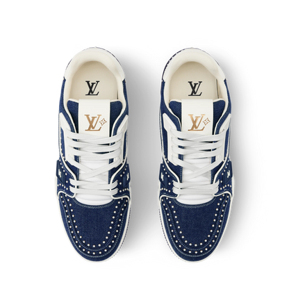 Louis Vuitton LV Trainer Indigo Blue Denim Sneakers with Swarovski Pearls