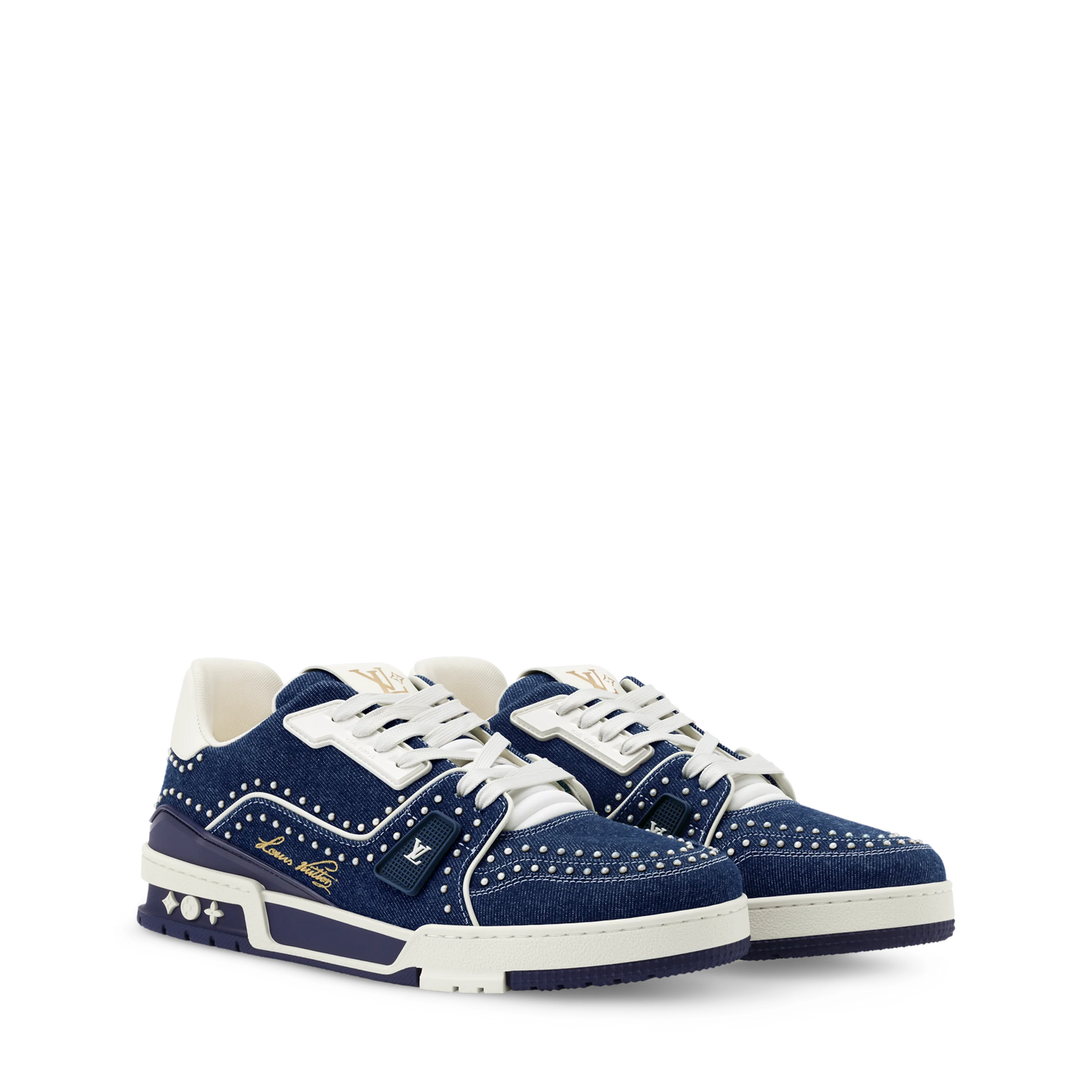 Louis Vuitton LV Trainer Indigo Blue Denim Sneakers with Swarovski Pearls