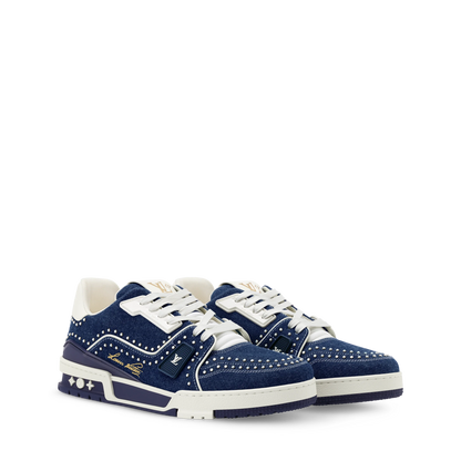 Louis Vuitton LV Trainer Indigo Blue Denim Sneakers with Swarovski Pearls